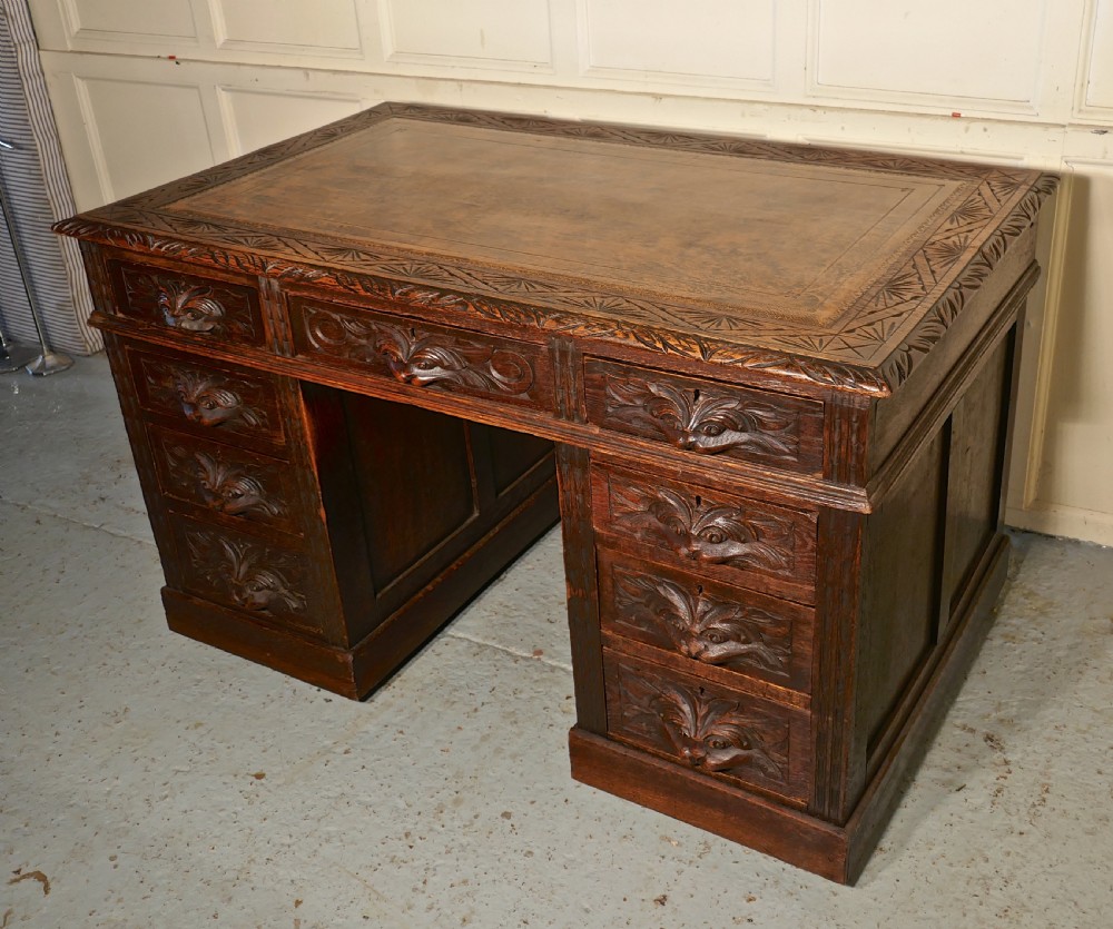 Victorian Green Man Carved Oak Pedestal Desk View VIII