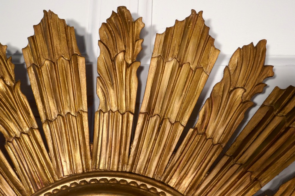 French Carved Wood Art Deco Odeon Style Sunburst-Starburst Convex Gilt Mirror View IV