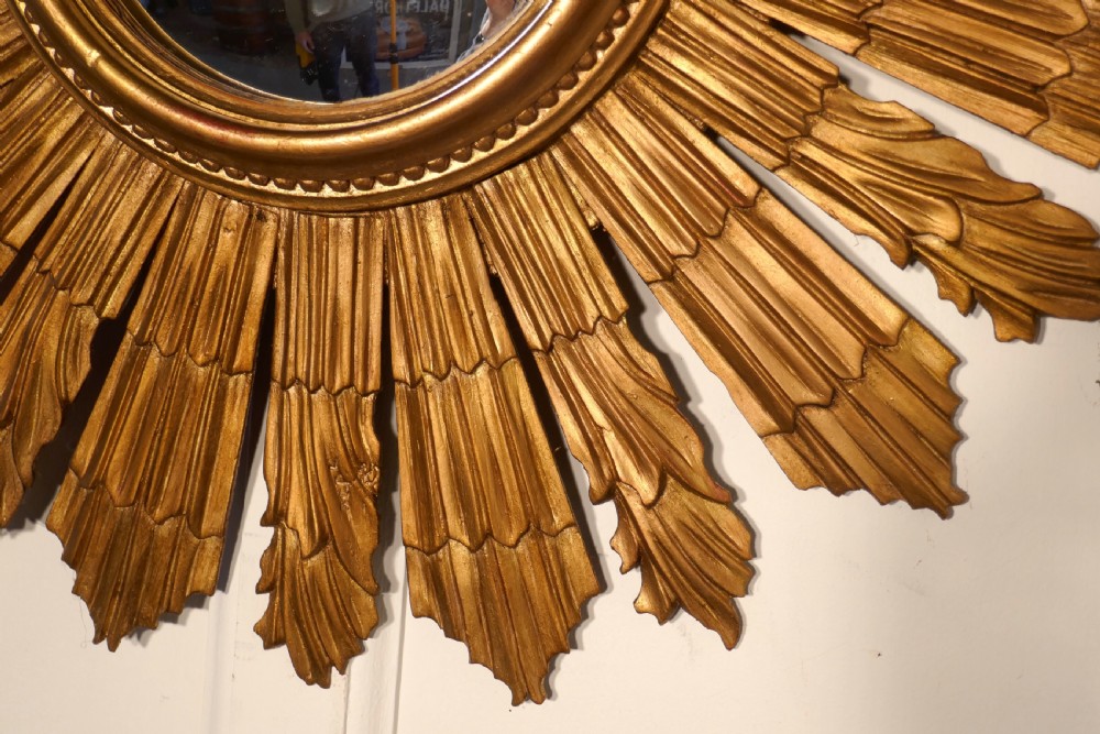 French Carved Wood Art Deco Odeon Style Sunburst-Starburst Convex Gilt Mirror View II