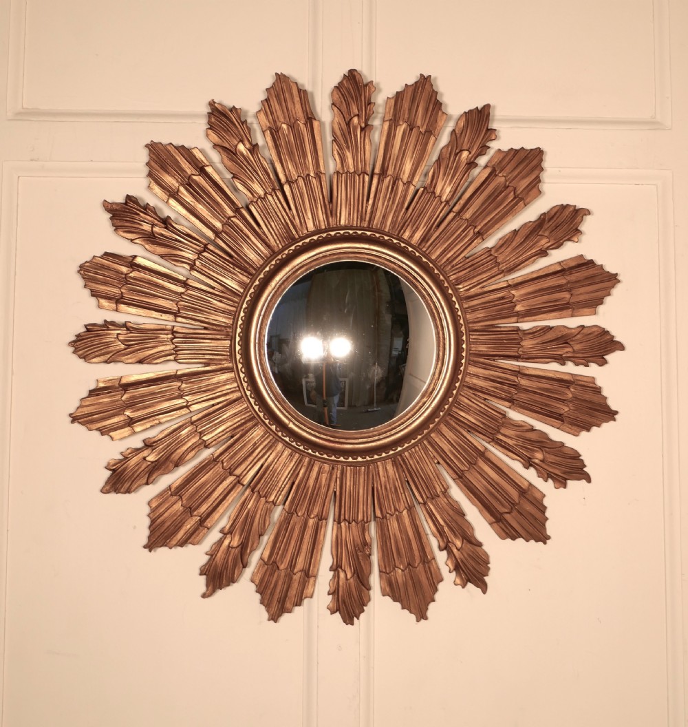 French Carved Wood Art Deco Odeon Style Sunburst-Starburst Convex Gilt Mirror View III