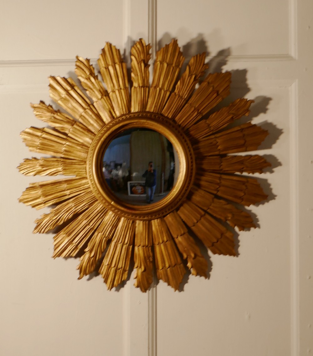 French Carved Wood Art Deco Odeon Style Sunburst-Starburst Convex Gilt Mirror