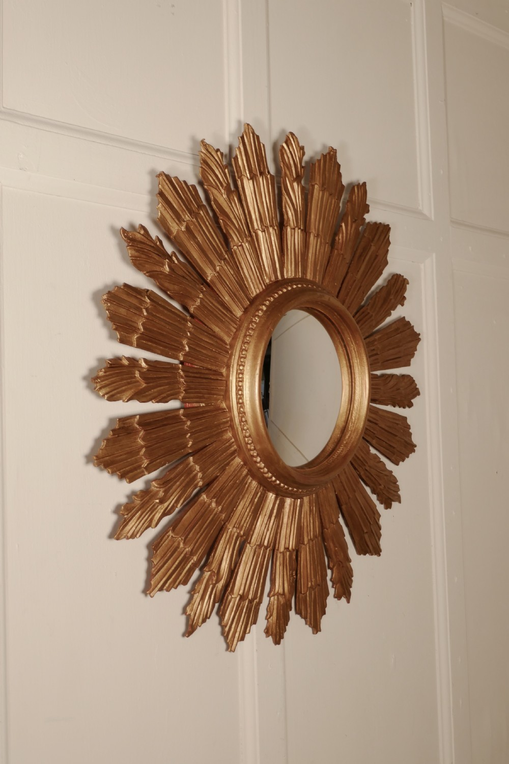 French Carved Wood Art Deco Odeon Style Sunburst-Starburst Convex Gilt Mirror View V