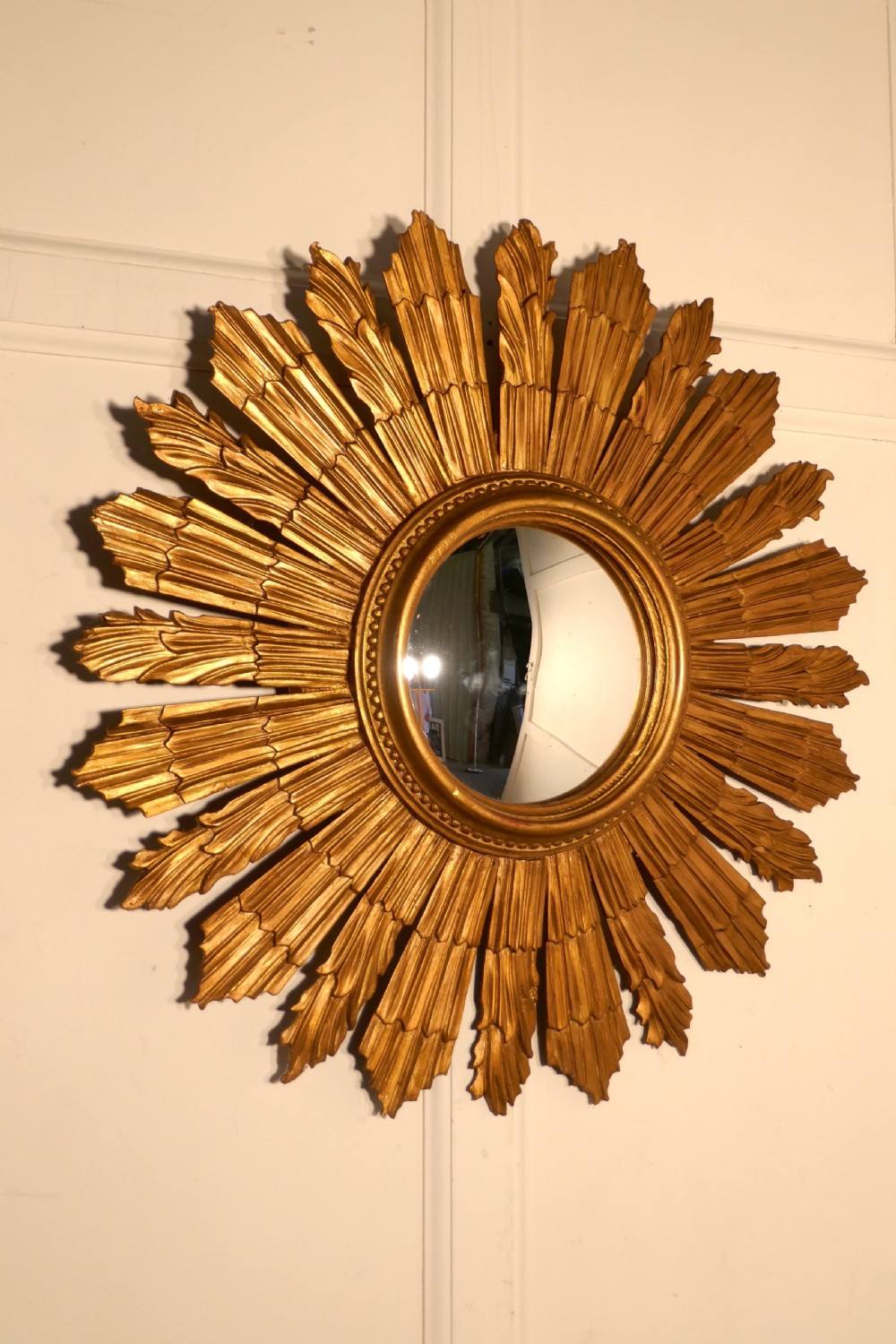 French Carved Wood Art Deco Odeon Style Sunburst-Starburst Convex Gilt Mirror View VI