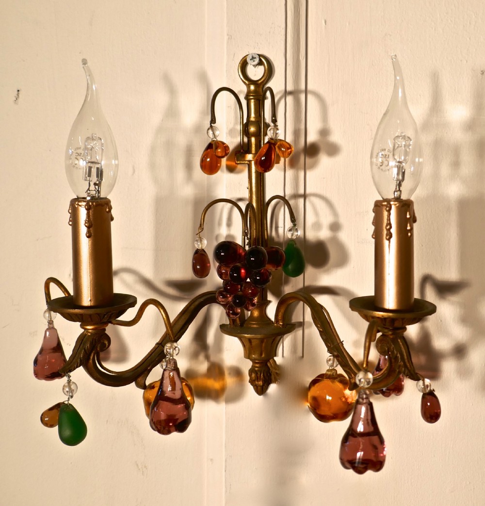 Pair of French Twin Wall Lights Hung with Crystal Fruit  View V