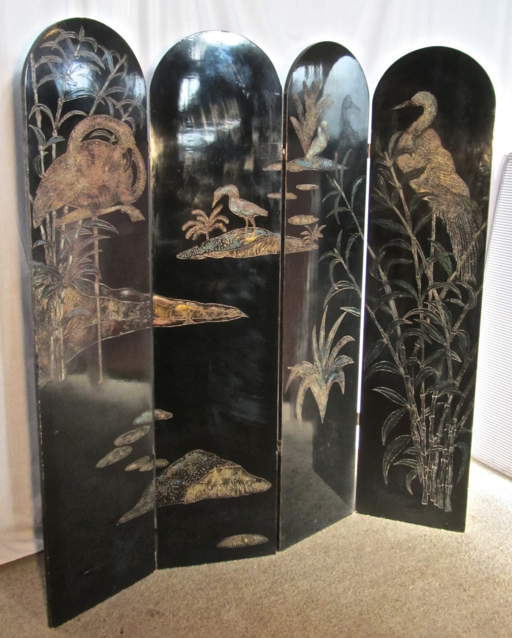 A 19th Century Black Lacquer Chinoiserie 4 Fold Japanese Screen