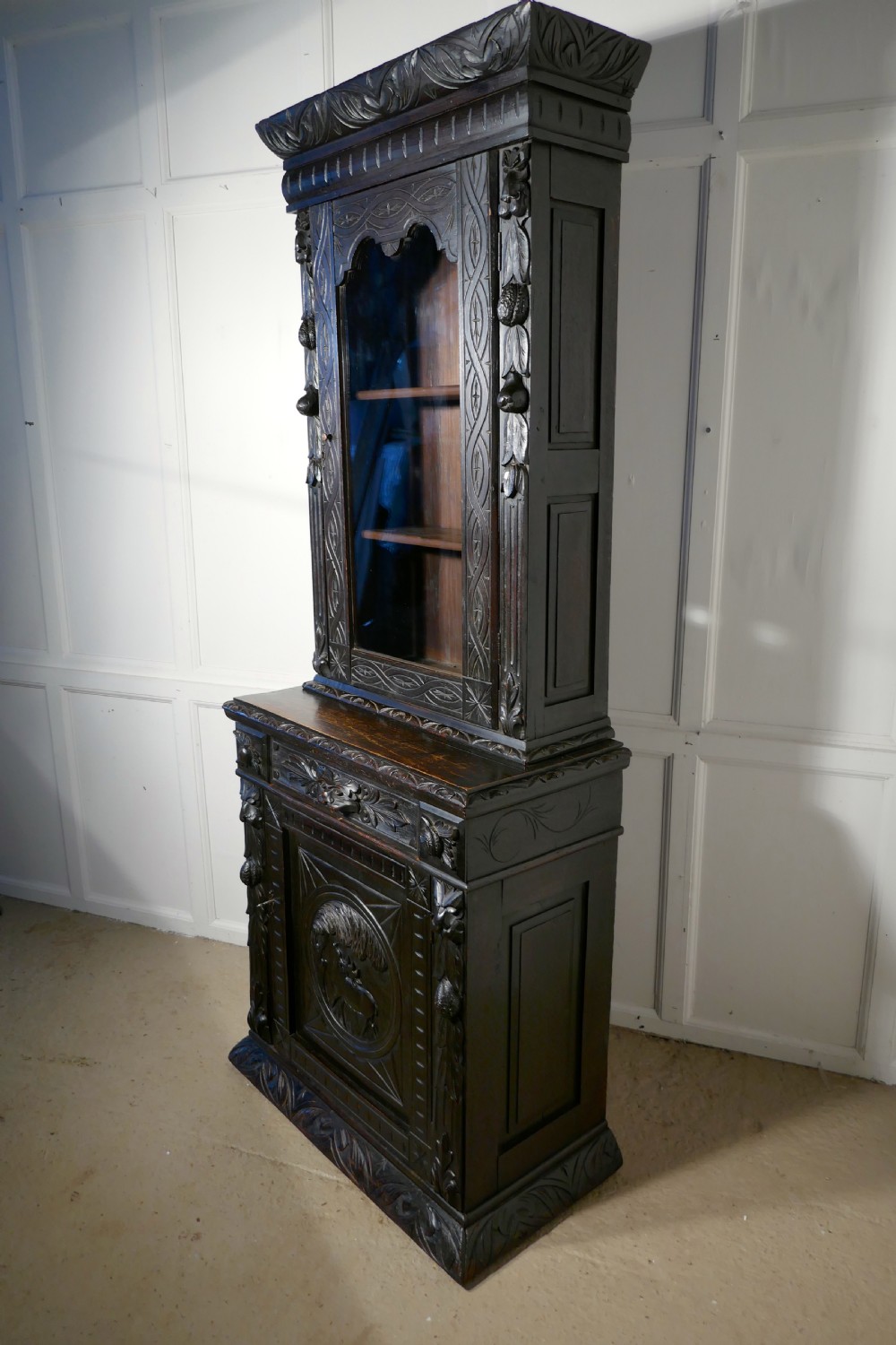 Early Victorian Carved Gothic Oak Alcove Bookcase,  View IX