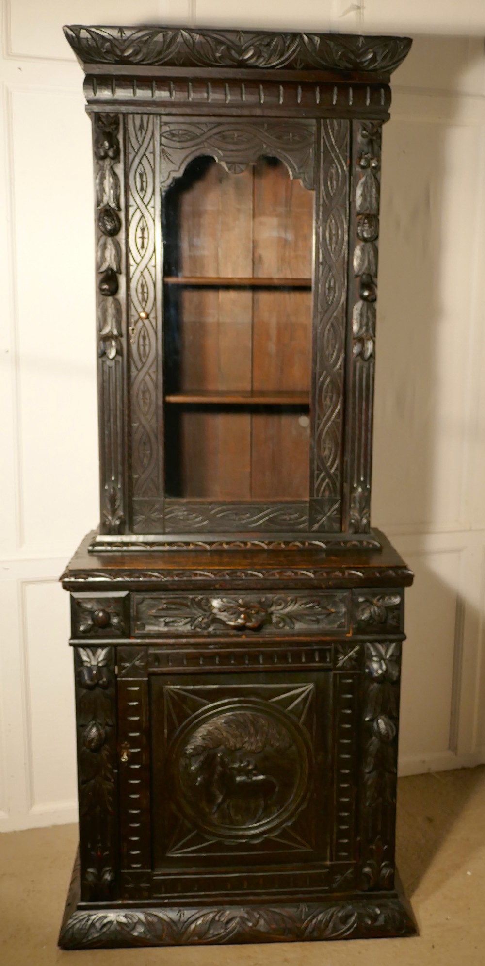 Early Victorian Carved Gothic Oak Alcove Bookcase, 