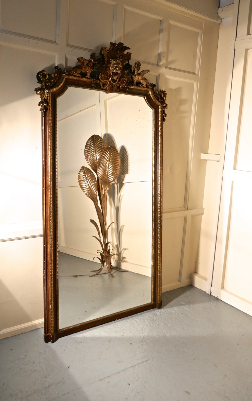 Very Large French Mirror, Winged Sphinx and Lyons Mask Crest View II