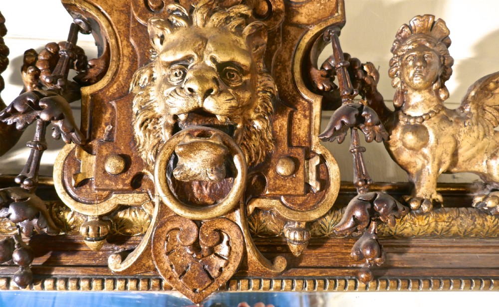 Very Large French Mirror, Winged Sphinx and Lyons Mask Crest View VI