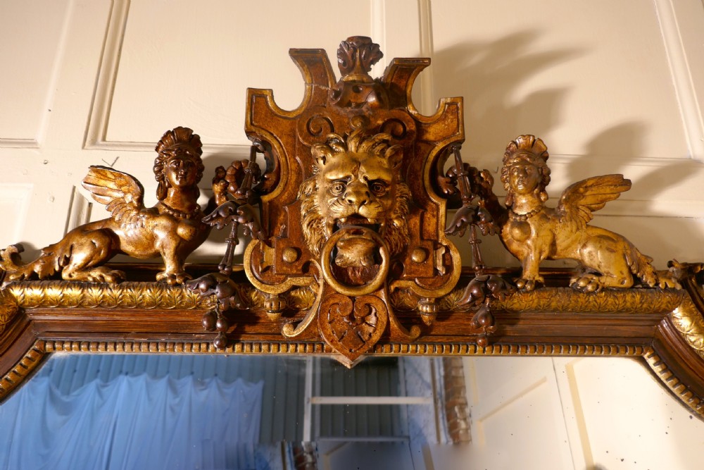 Very Large French Mirror, Winged Sphinx and Lyons Mask Crest View VII