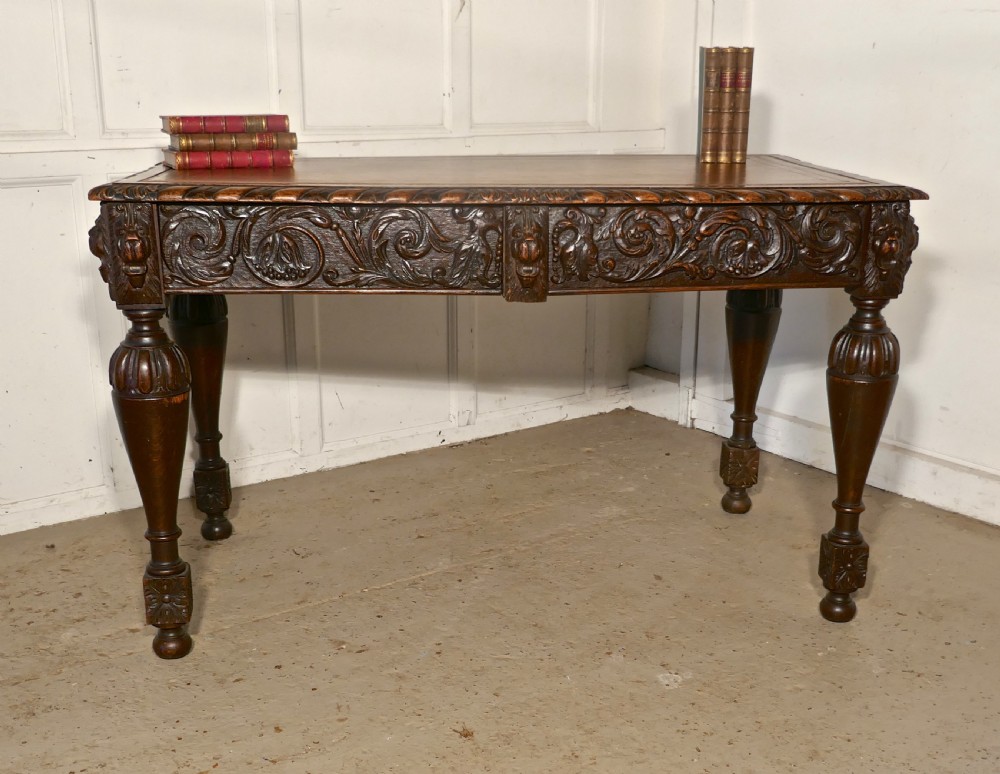 Carved Gothic Oak Writing Table or Centre Table View IX