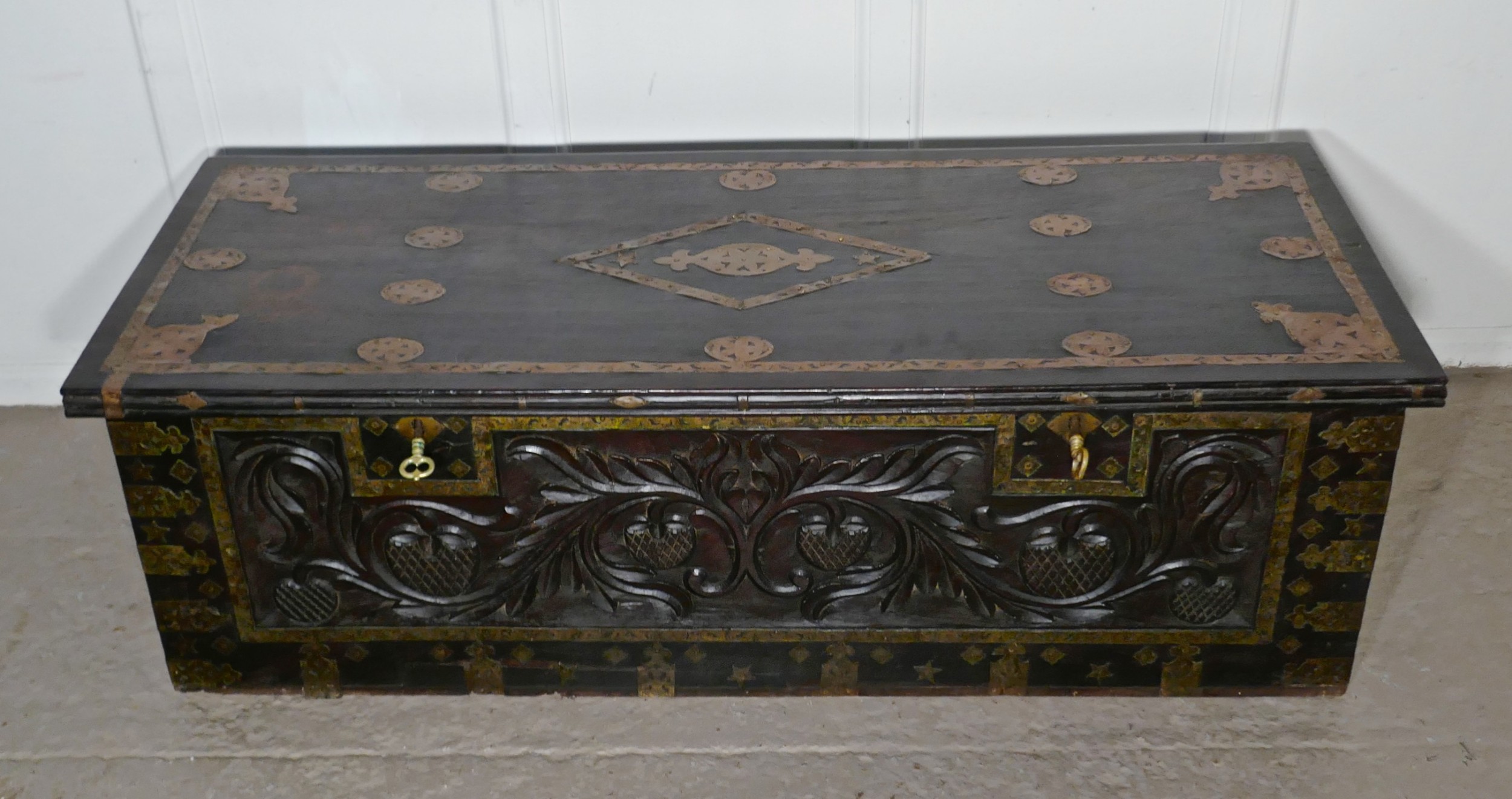 Large North African Carved and Brass Decorated Coffer