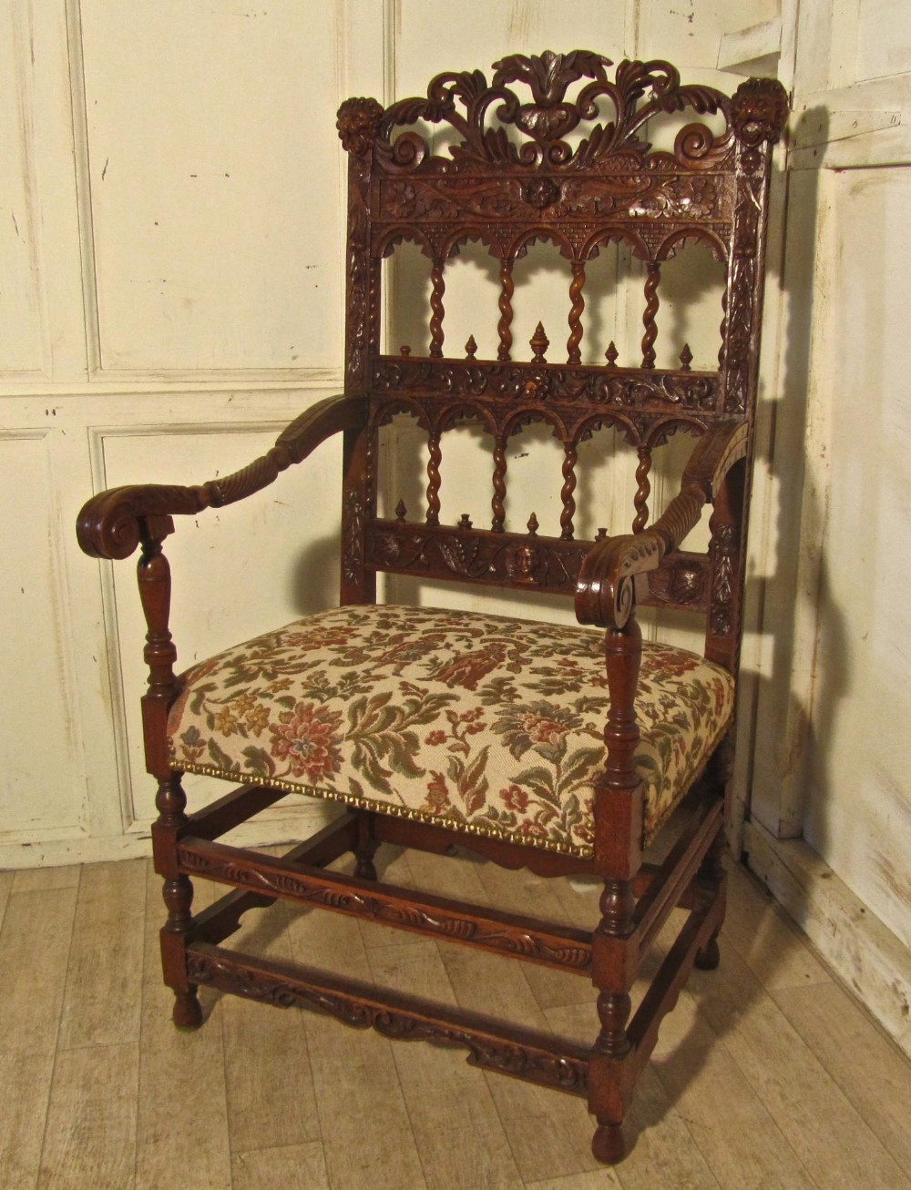 French 19th Century Carved Oak Arm Chair, Throne or Hall Chair
