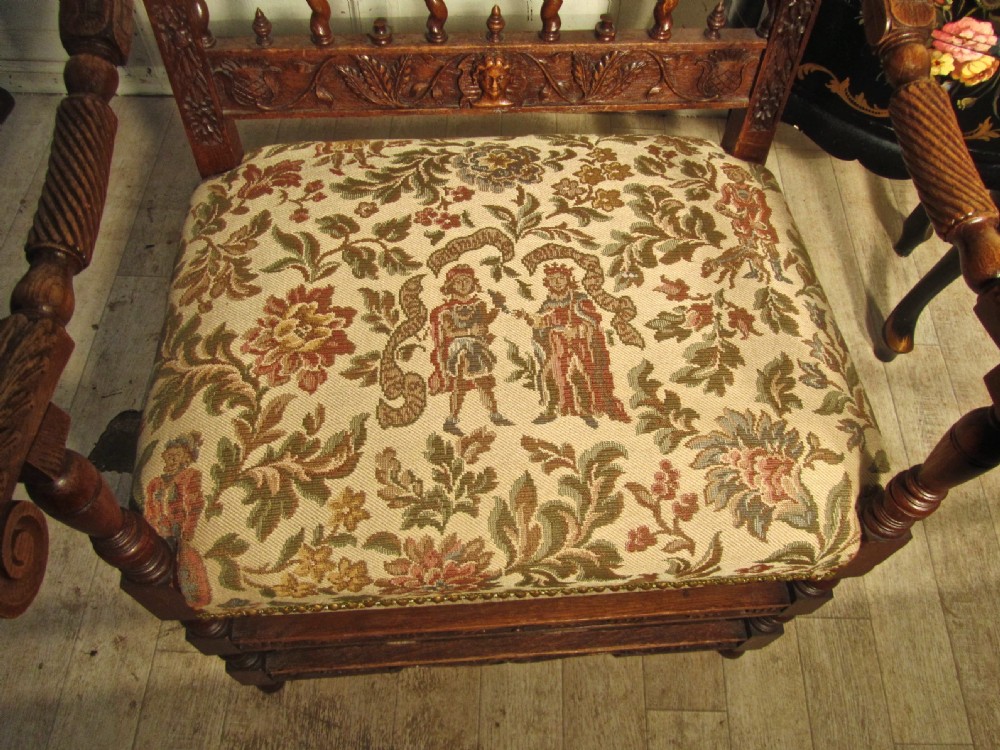 French 19th Century Carved Oak Arm Chair, Throne or Hall Chair View VIII