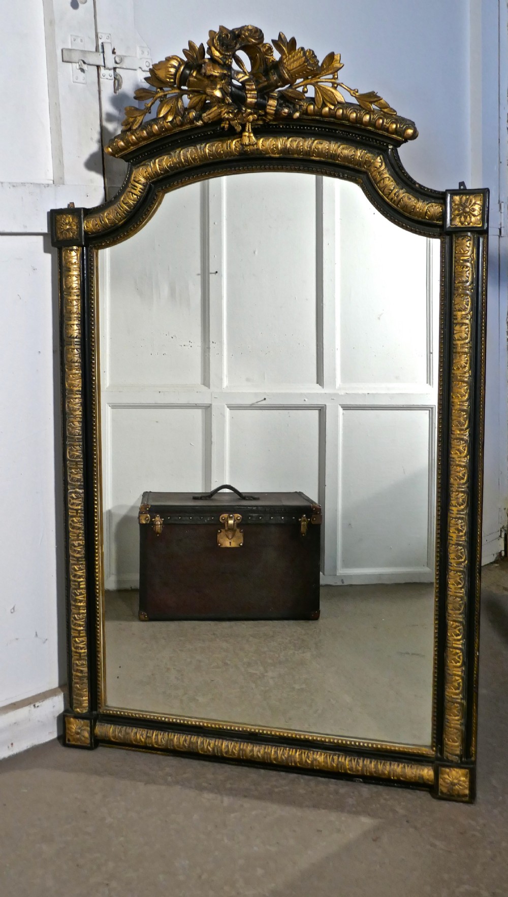 Large French Napoleon III Ebonised and Gilt Wall Mirror, Torch and Quiver Crest 