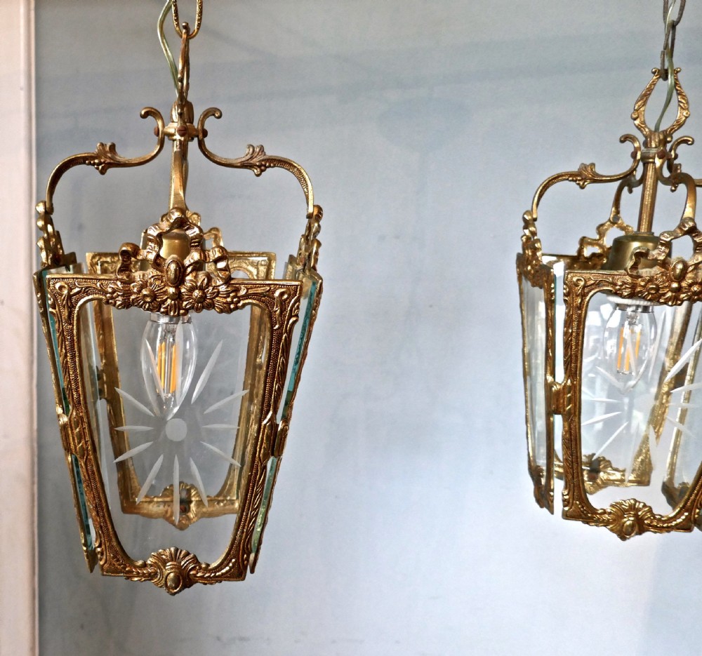 A Pair of  Superb Quality French Rocco Brass and Etched Glass Lantern Hall Lights View V