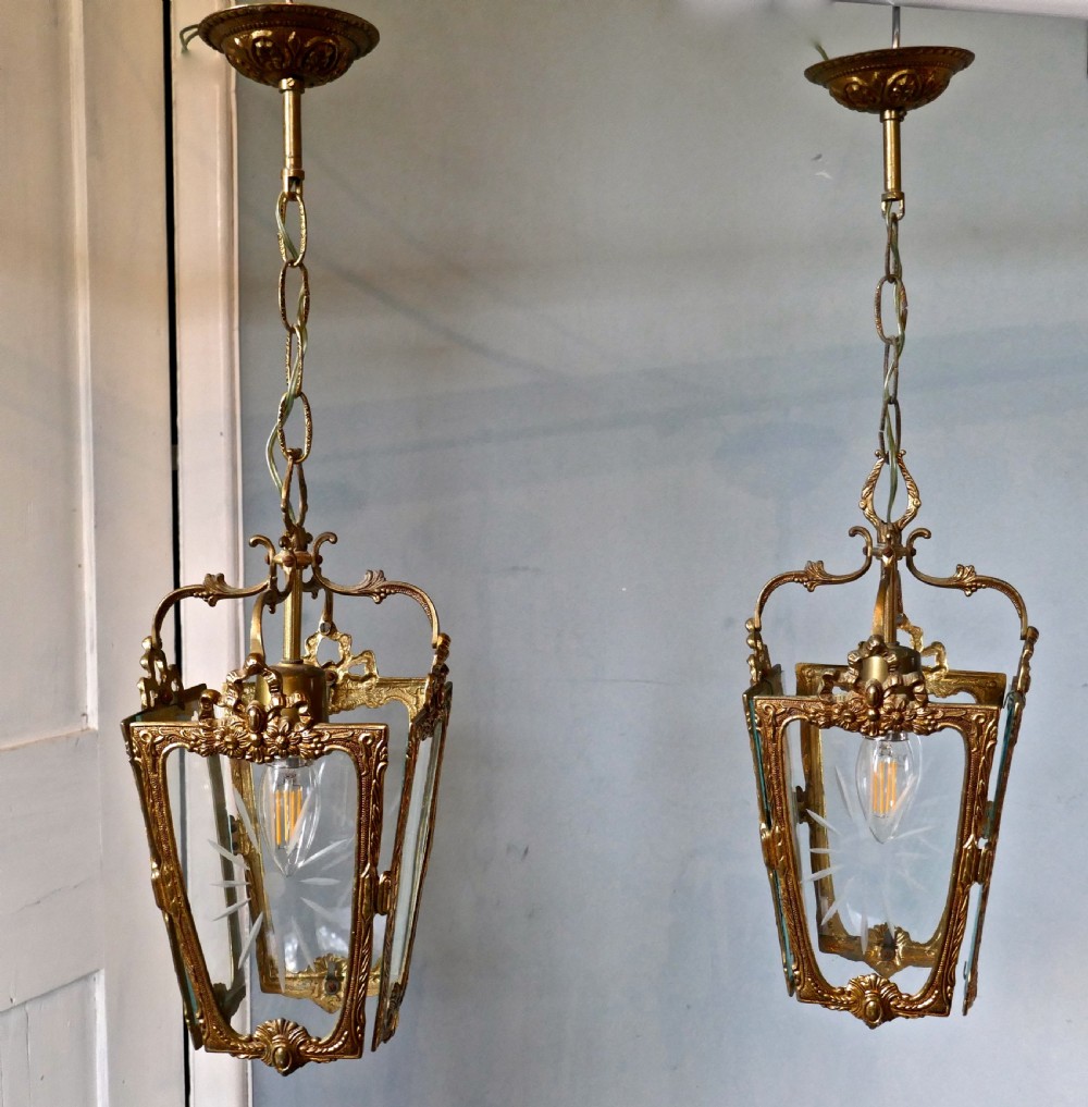 A Pair of  Superb Quality French Rocco Brass and Etched Glass Lantern Hall Lights View II