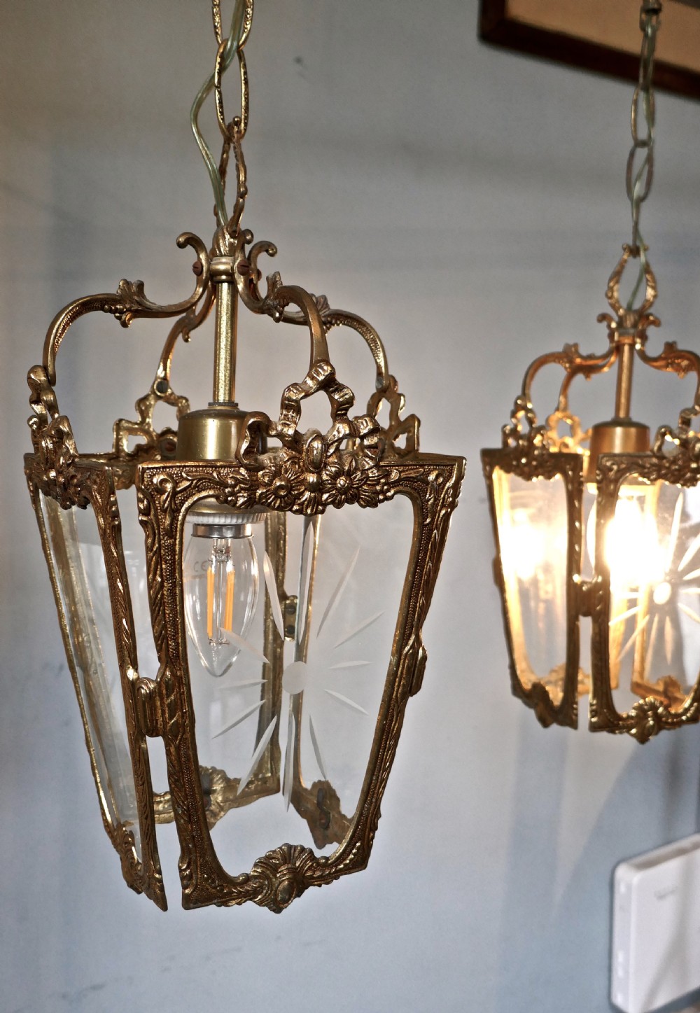 A Pair of  Superb Quality French Rocco Brass and Etched Glass Lantern Hall Lights View III
