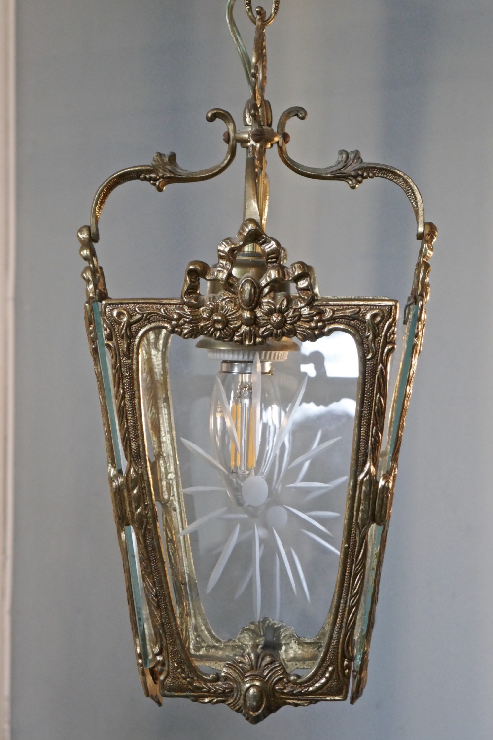 A Pair of  Superb Quality French Rocco Brass and Etched Glass Lantern Hall Lights View VI