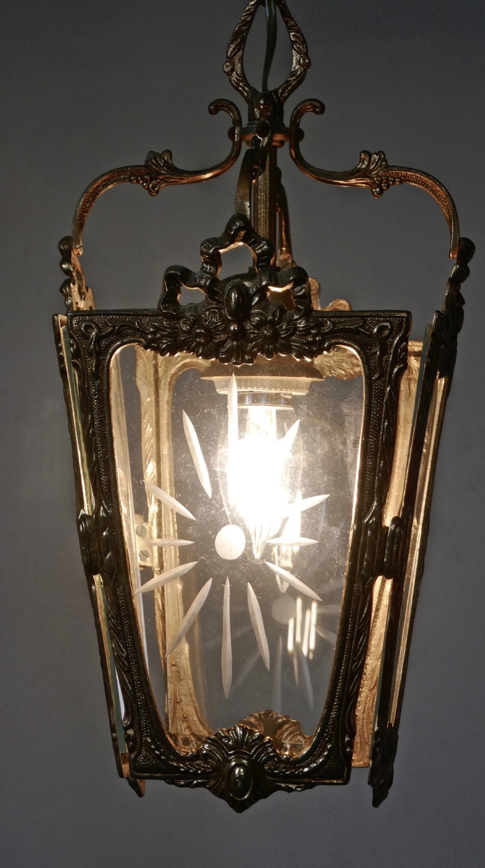 A Pair of  Superb Quality French Rocco Brass and Etched Glass Lantern Hall Lights View VII
