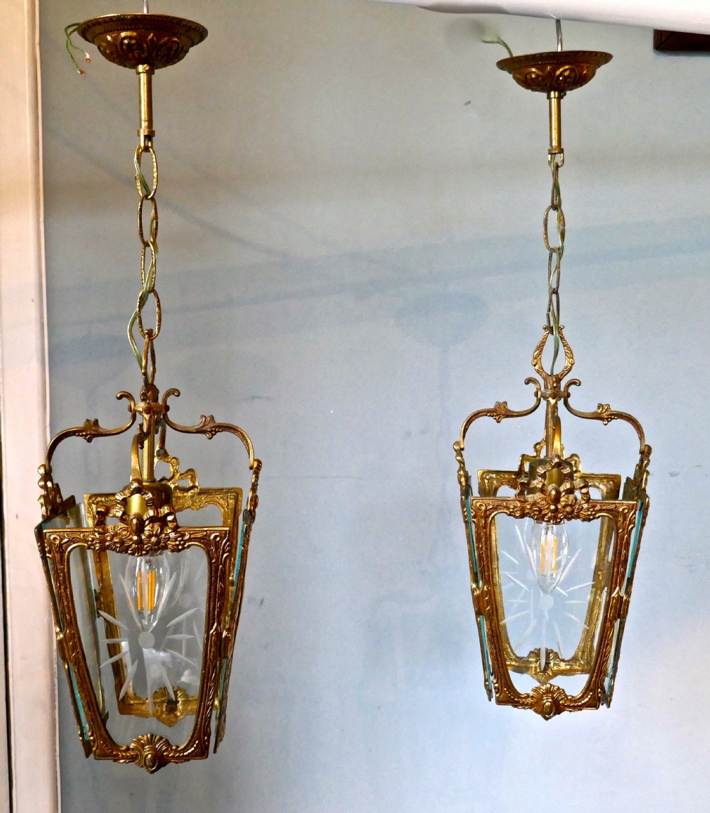 A Pair of  Superb Quality French Rocco Brass and Etched Glass Lantern Hall Lights View VIII