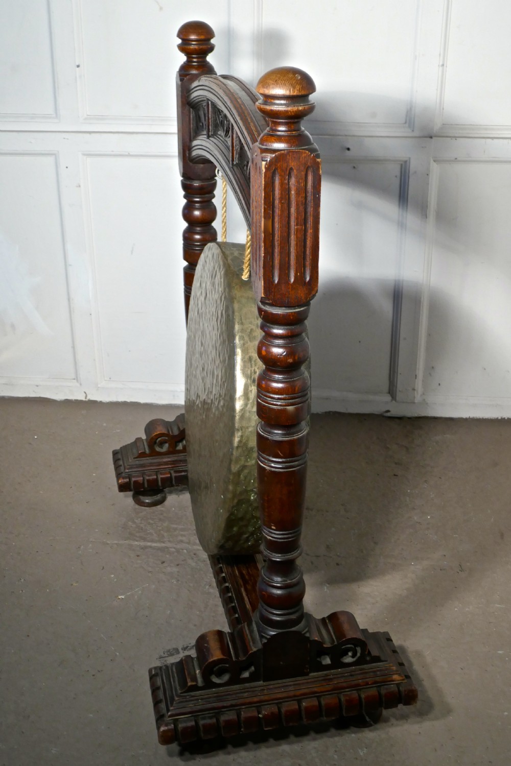 A Large Gothic Carved Oak and Brass Dinner Gong View V