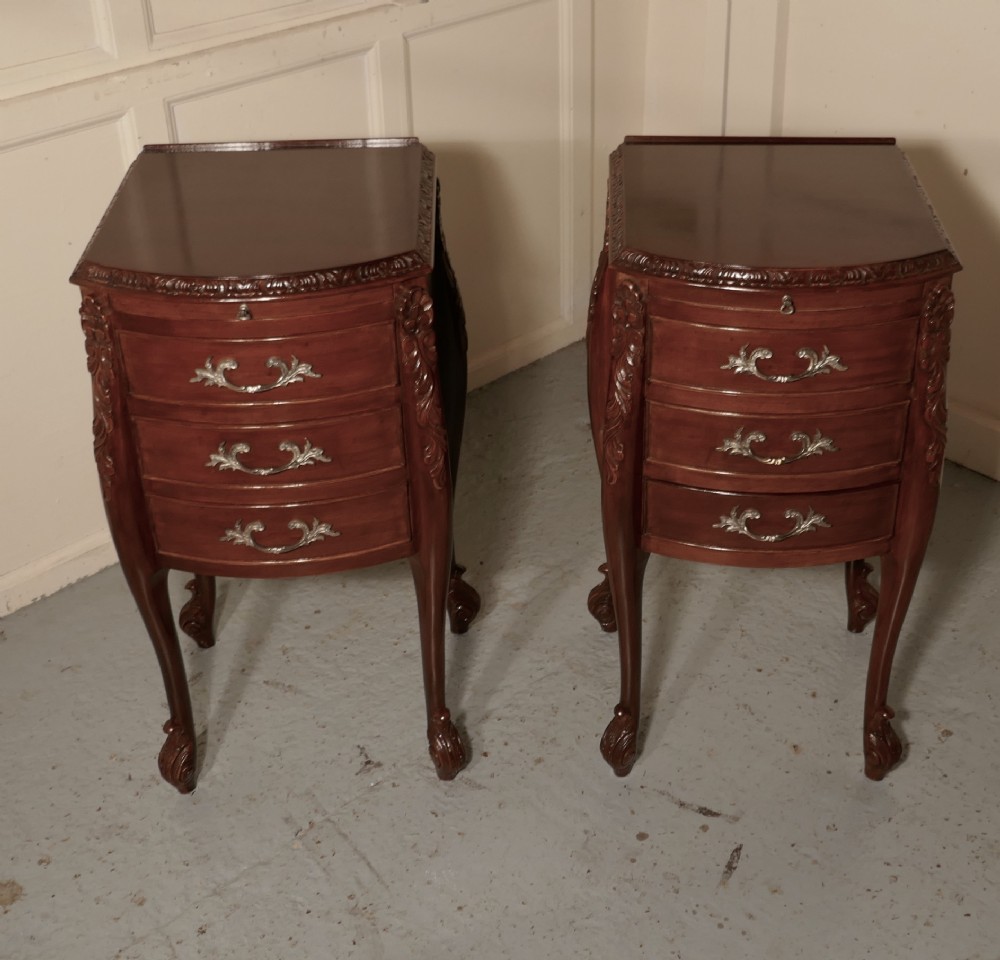 Pair of French Walnut and Ormolu 3 Drawer Bedside Cabinets 