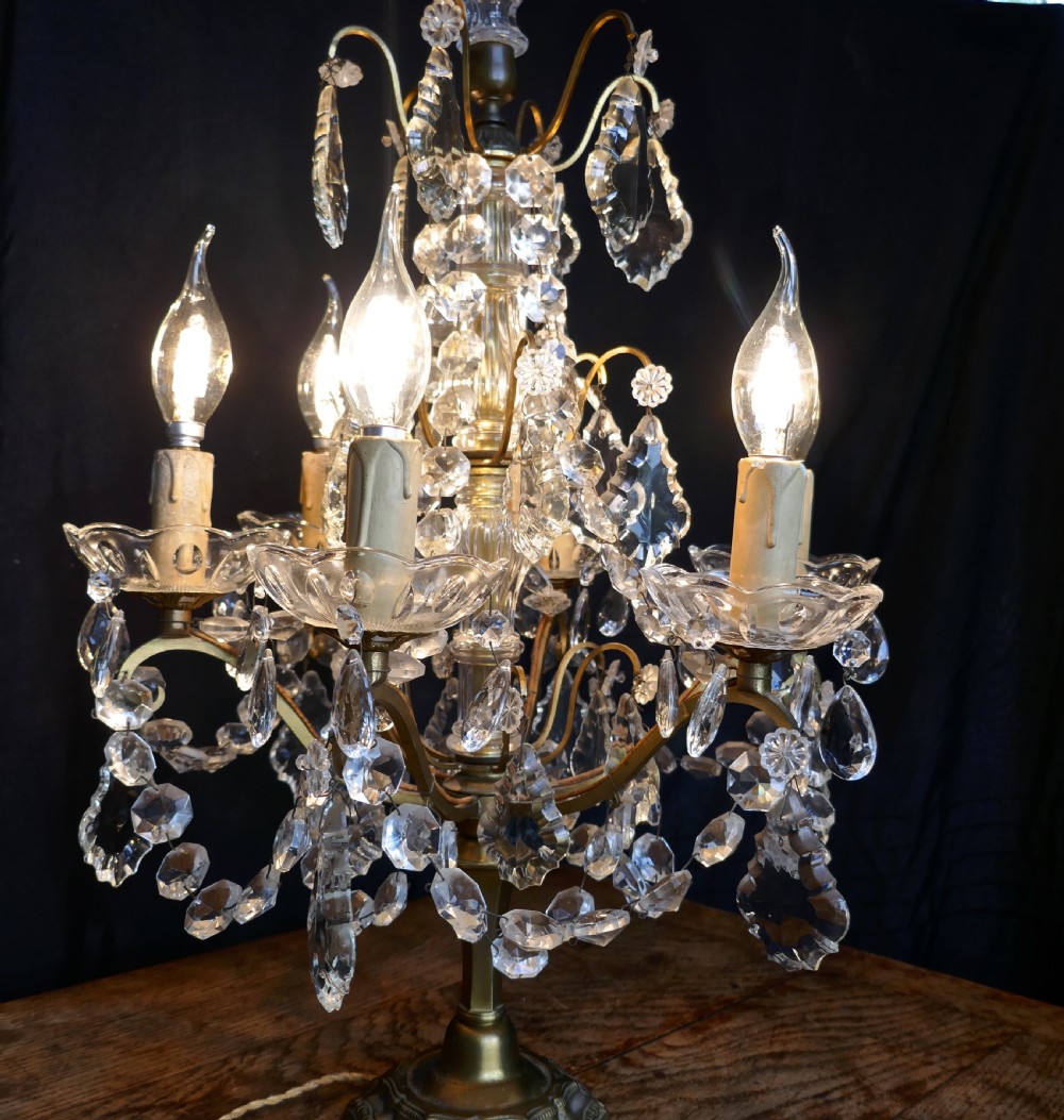 French Brass and Crystal 6 Branch Chandelier Table Lamp, Girandole View II