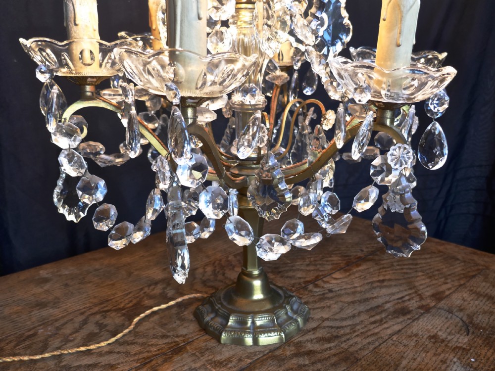 French Brass and Crystal 6 Branch Chandelier Table Lamp, Girandole View III