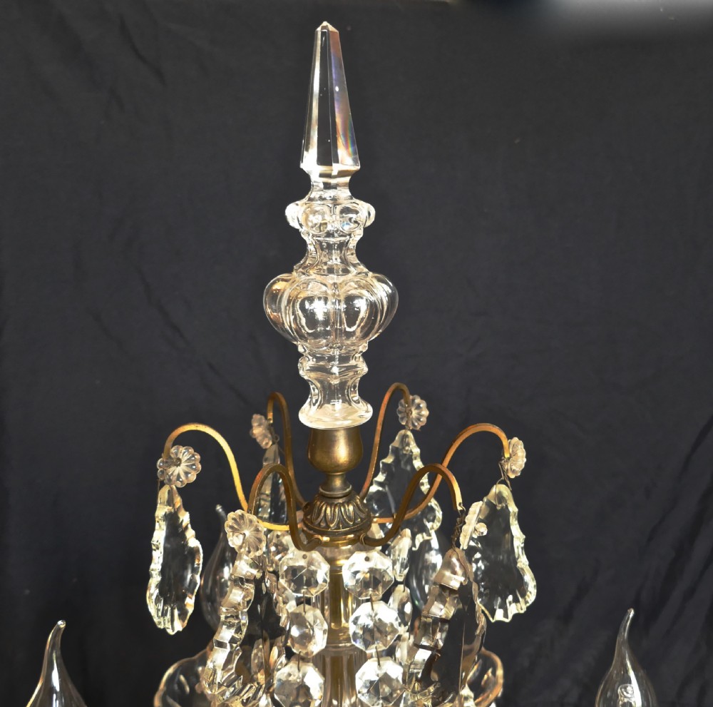 French Brass and Crystal 6 Branch Chandelier Table Lamp, Girandole View VI