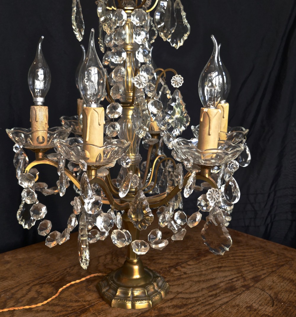 French Brass and Crystal 6 Branch Chandelier Table Lamp, Girandole View VII