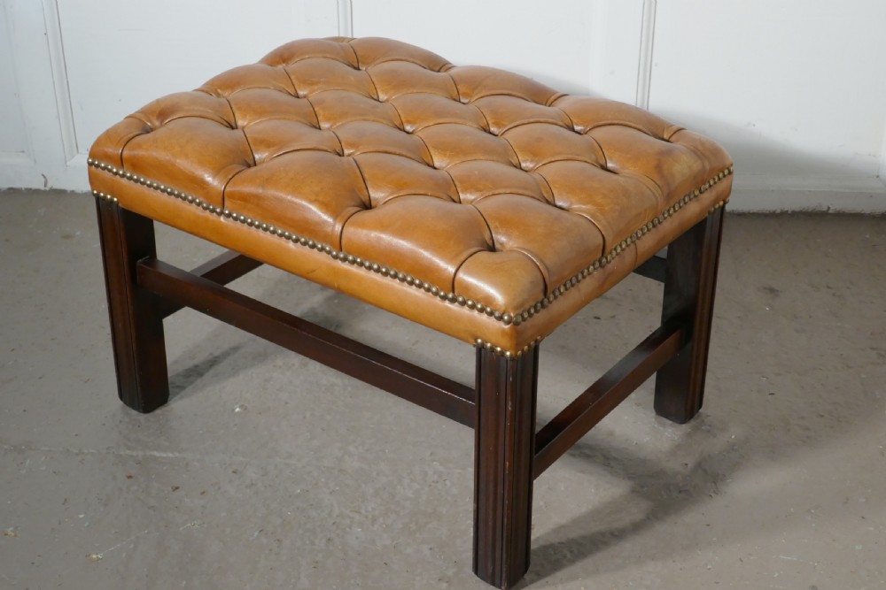 Deeply Buttoned Chesterfield Tan Leather Library Stool  