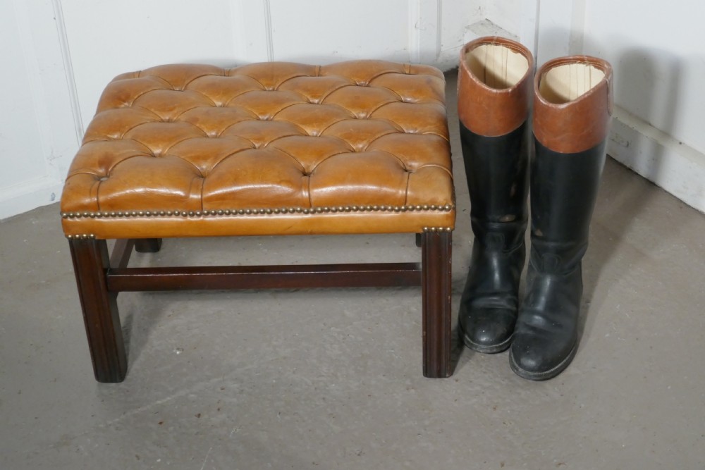 Deeply Buttoned Chesterfield Tan Leather Library Stool   View V