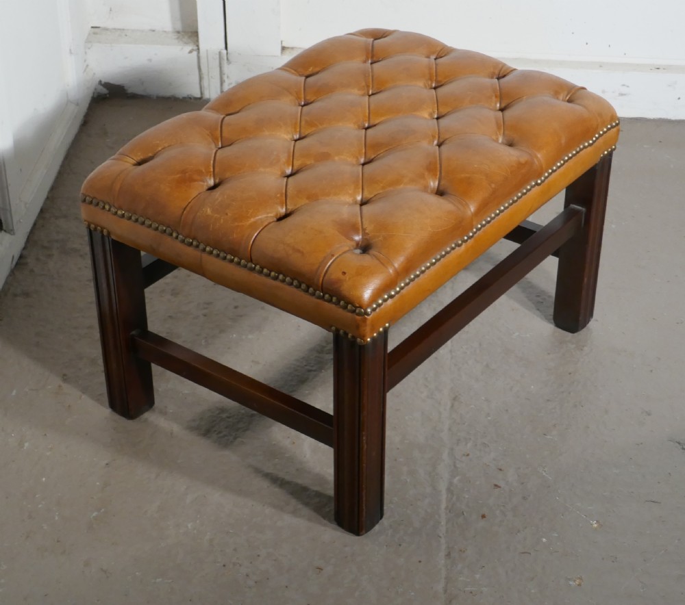 Deeply Buttoned Chesterfield Tan Leather Library Stool   View VII