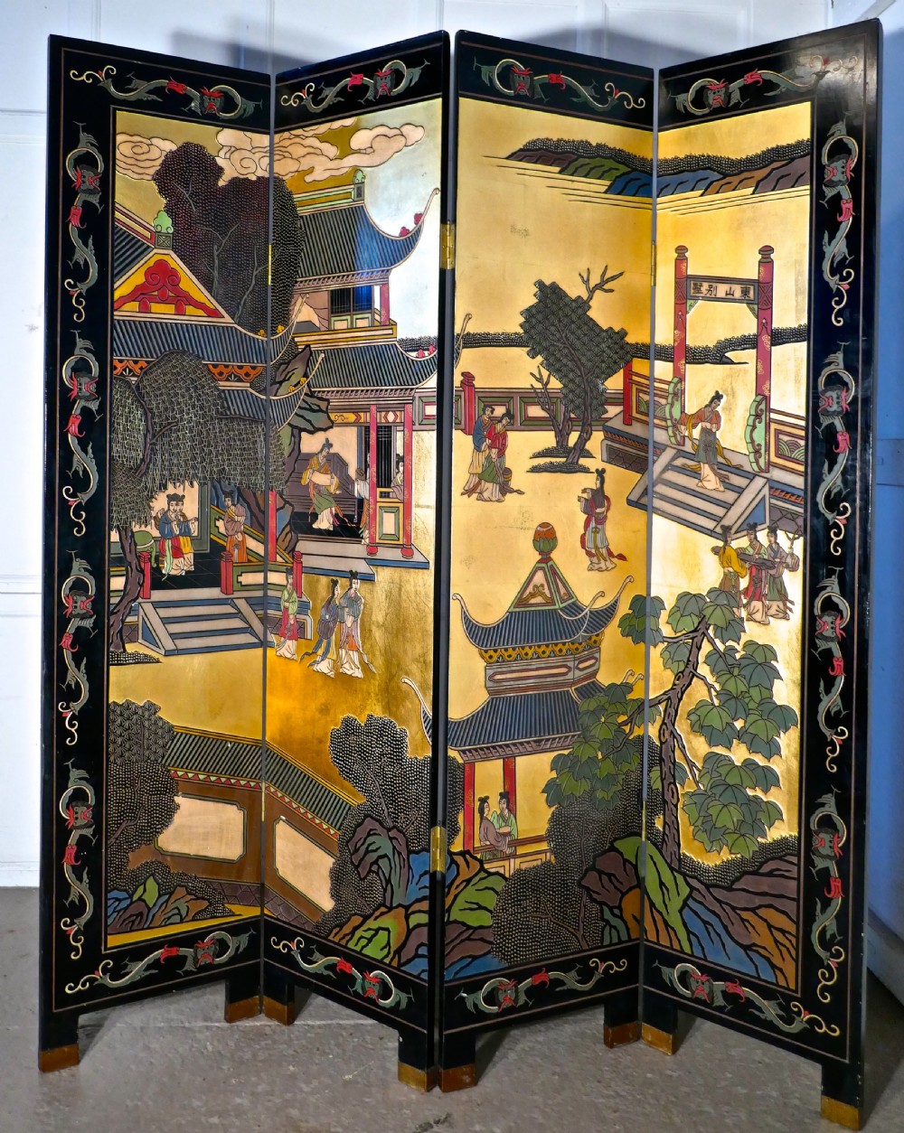 Large Heavy Decorated Japanese Lacquer Room Divider Screen View V