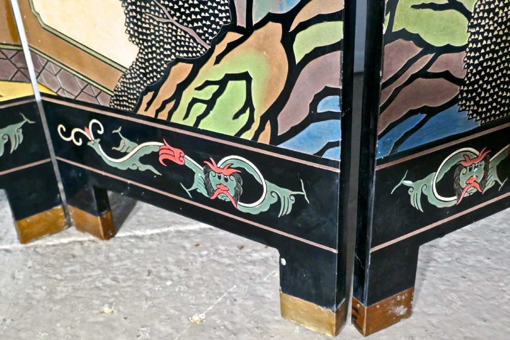 Large Heavy Decorated Japanese Lacquer Room Divider Screen View VI