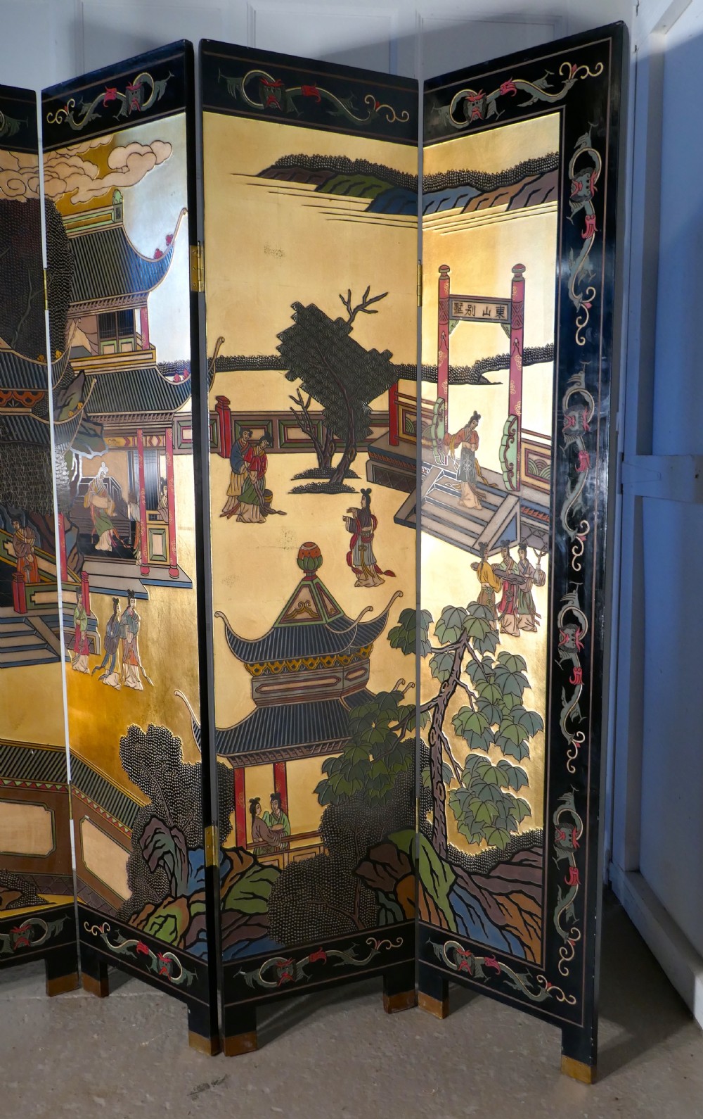 Large Heavy Decorated Japanese Lacquer Room Divider Screen View VII
