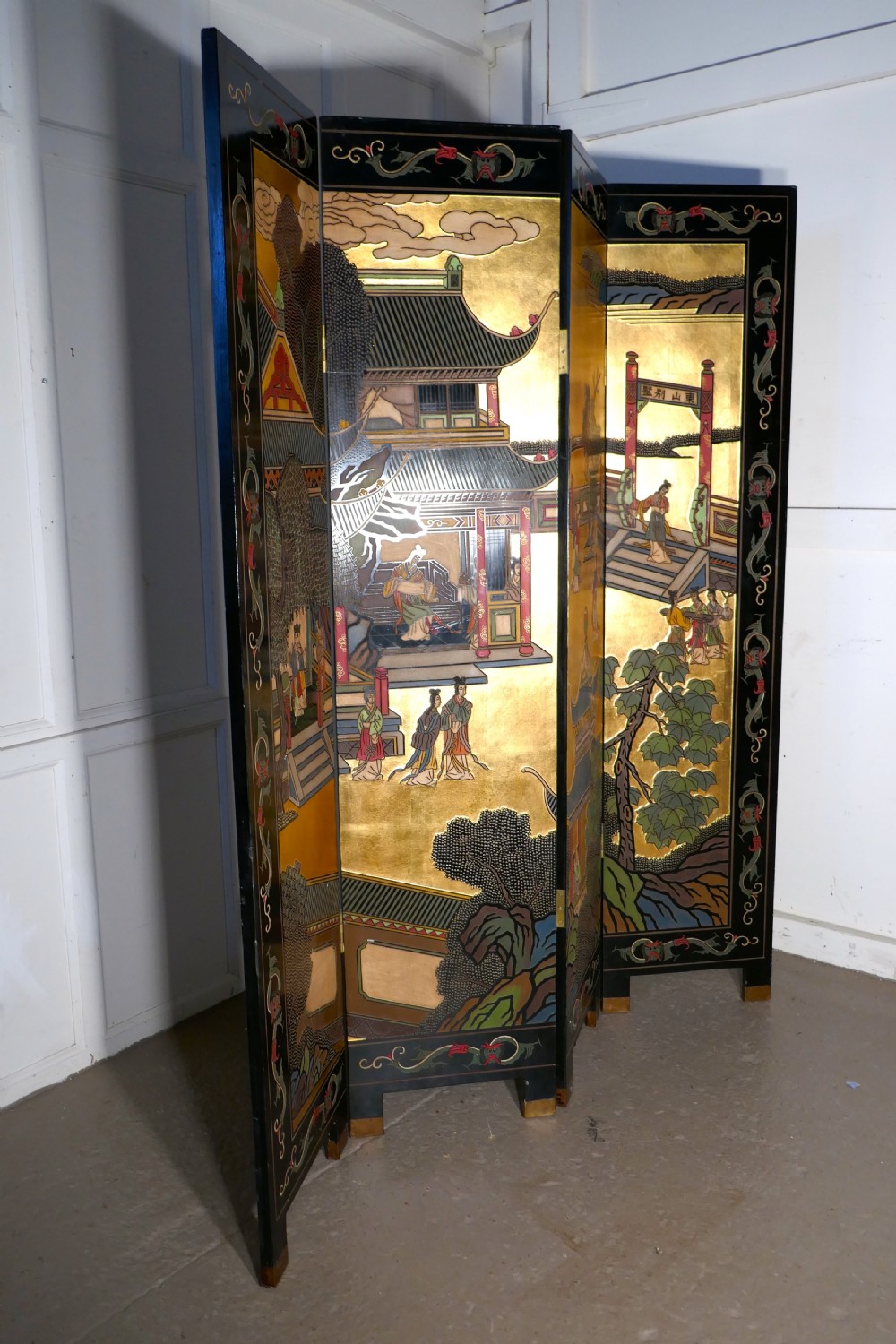 Large Heavy Decorated Japanese Lacquer Room Divider Screen View VIII