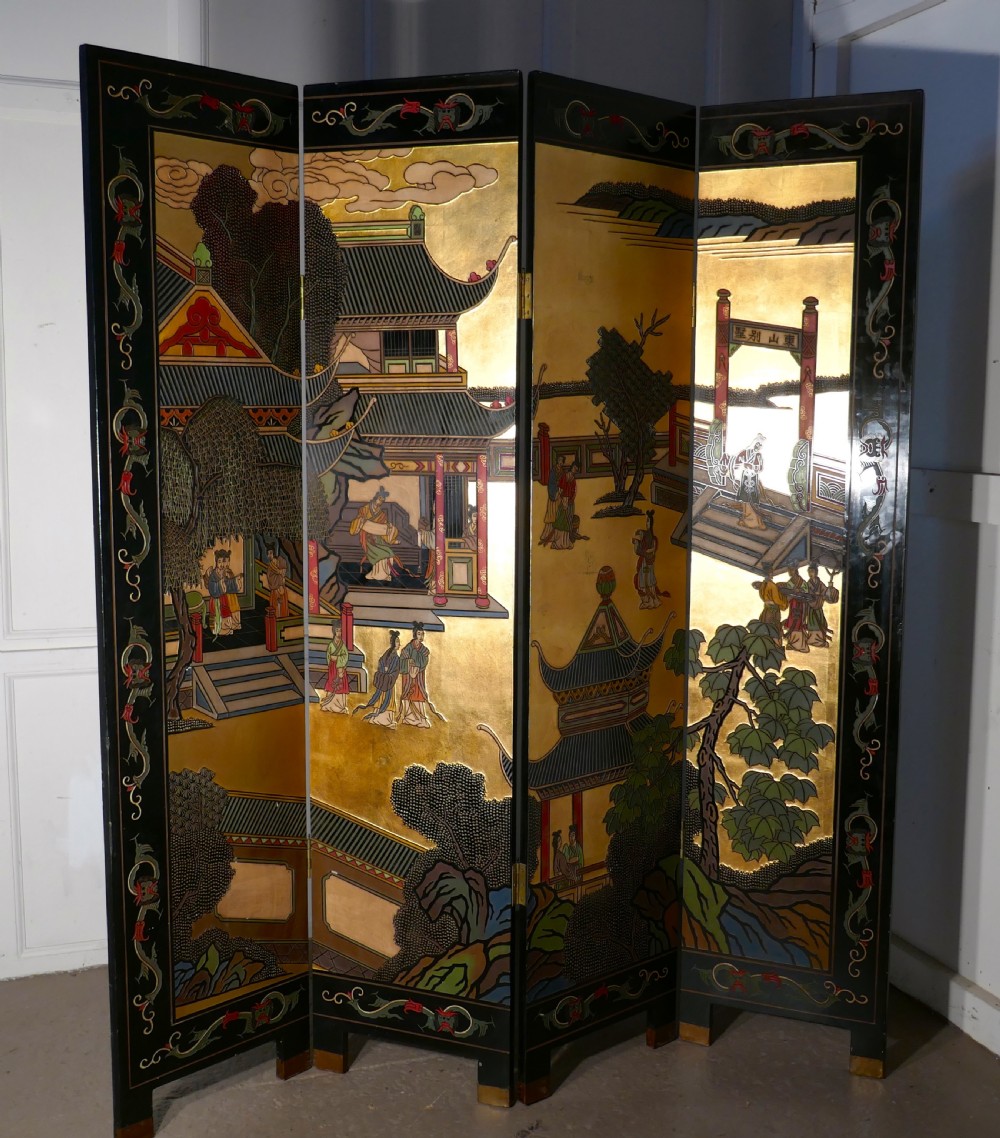 Large Heavy Decorated Japanese Lacquer Room Divider Screen View IX