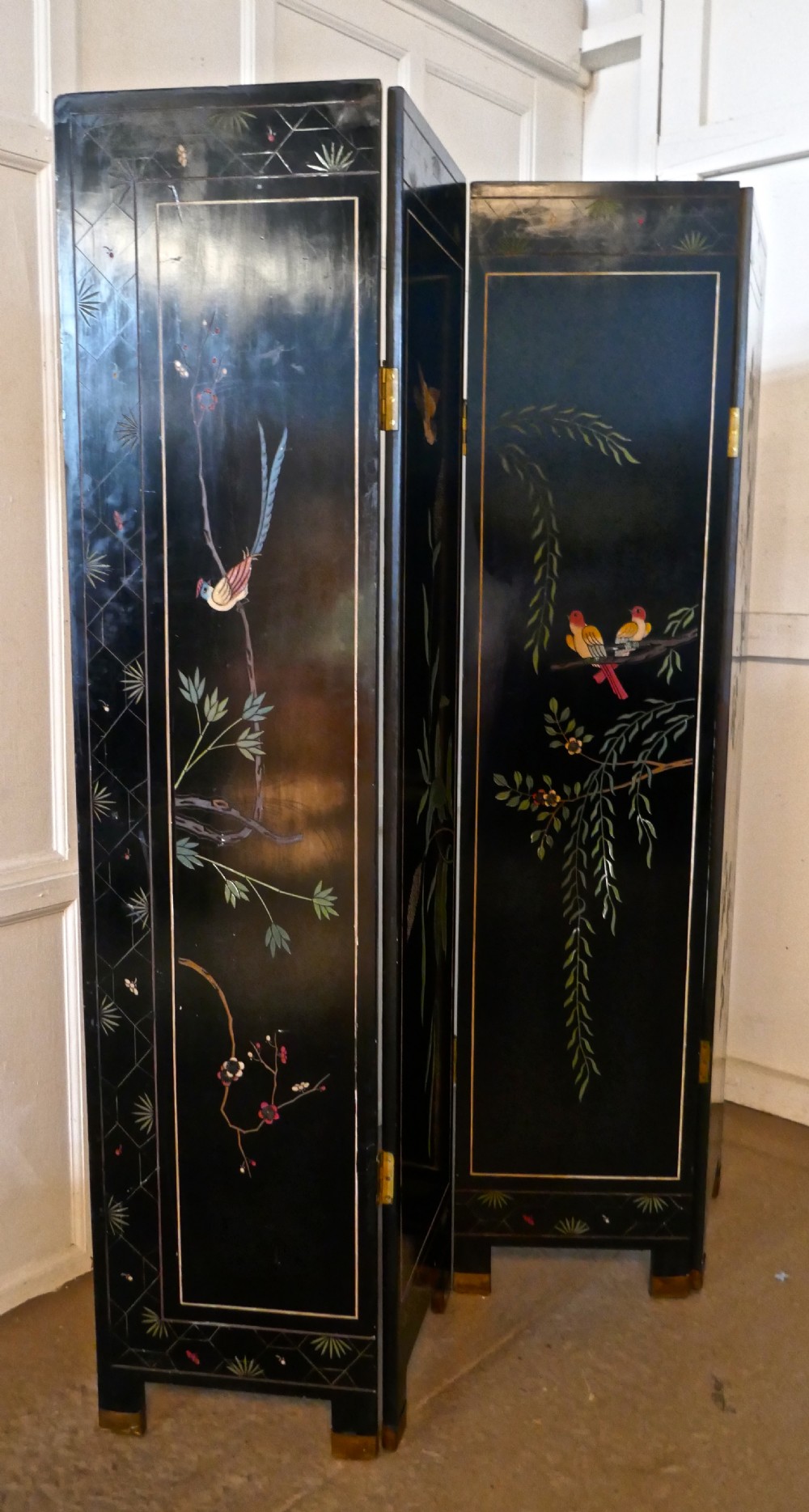 Large Heavy Decorated Japanese Lacquer Room Divider Screen View XIII