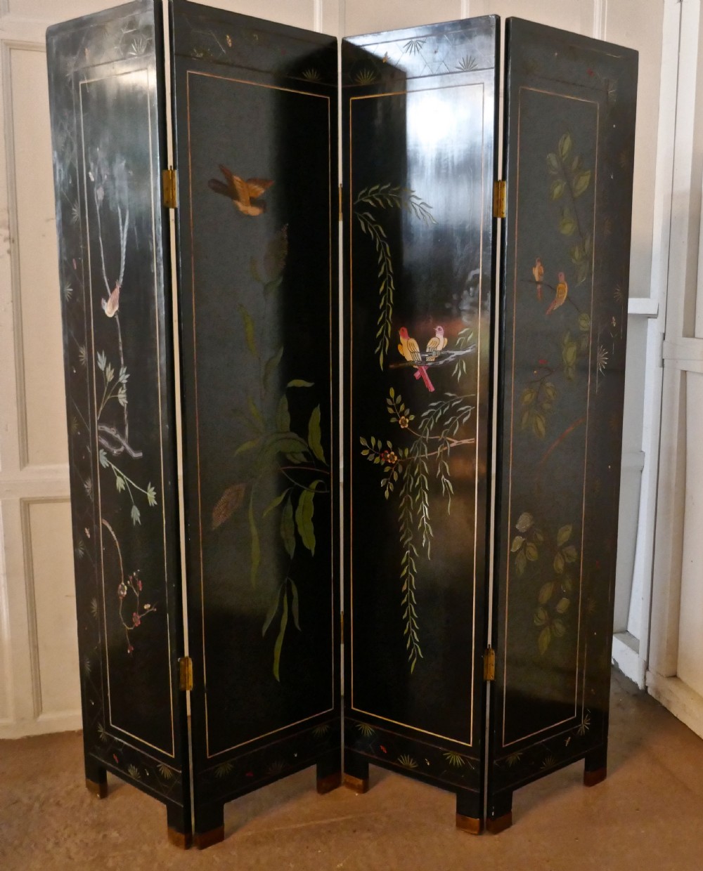 Large Heavy Decorated Japanese Lacquer Room Divider Screen View XV
