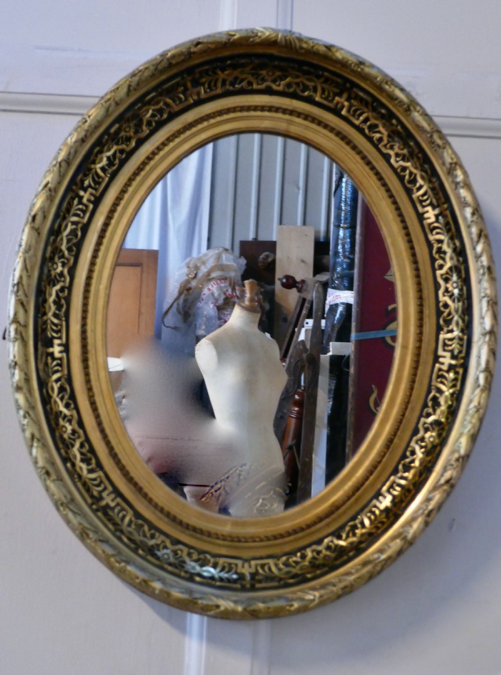 Superb Deep Oval Frame French Empire Gilt and Lacquer Wall Mirror View III