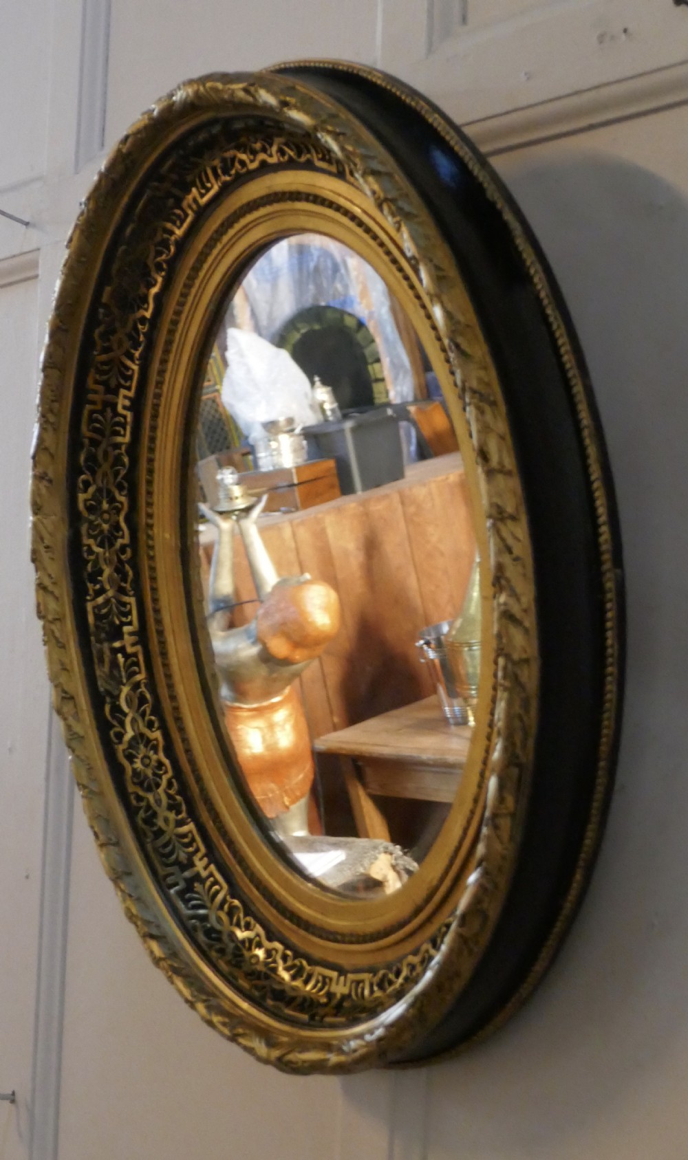 Superb Deep Oval Frame French Empire Gilt and Lacquer Wall Mirror View VII
