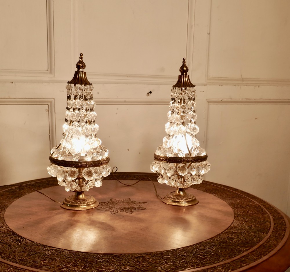 Pair of French Brass and Crystal Chandelier Table Lamps, Tent Girandole