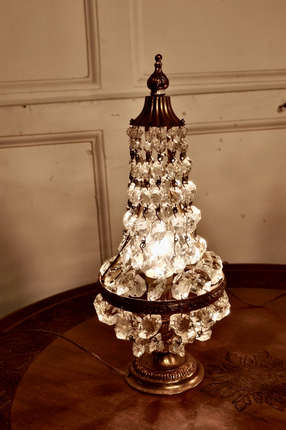 Pair of French Brass and Crystal Chandelier Table Lamps, Tent Girandole View III