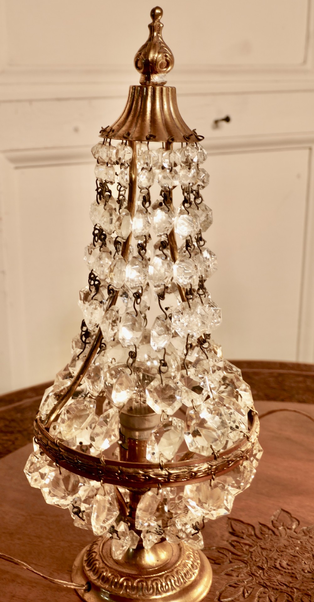 Pair of French Brass and Crystal Chandelier Table Lamps, Tent Girandole View V