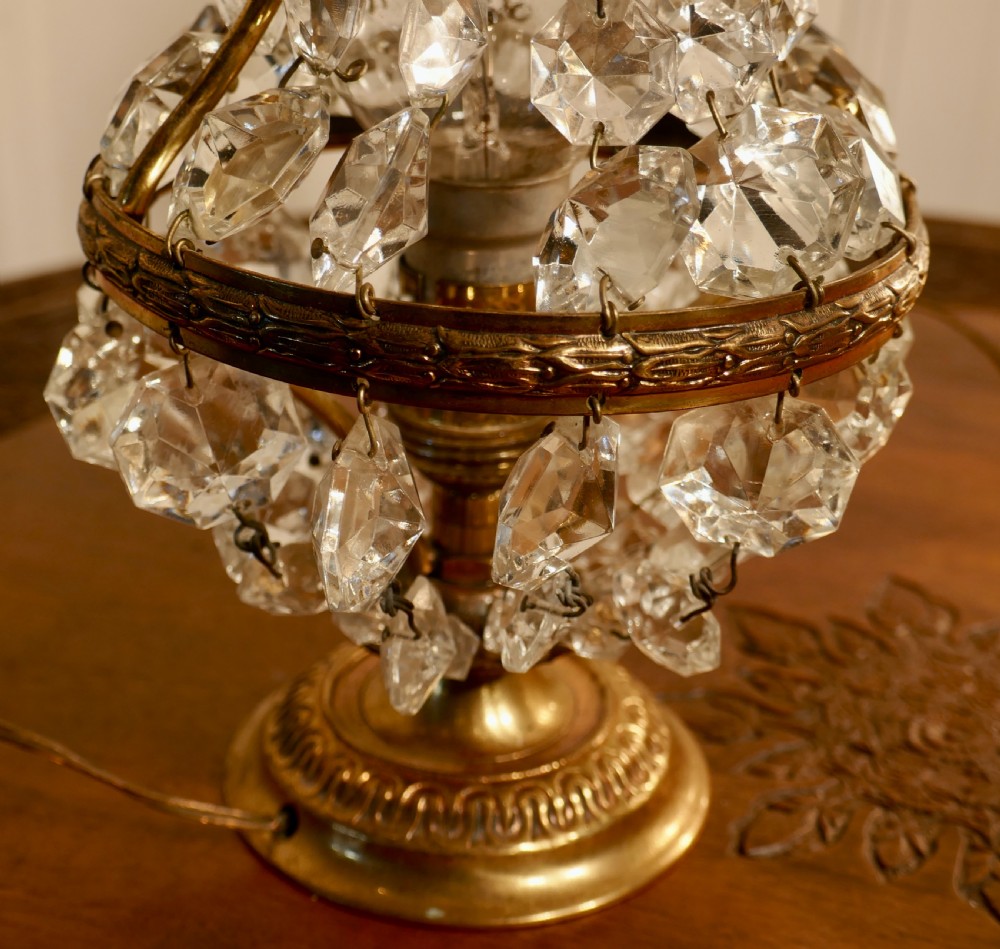 Pair of French Brass and Crystal Chandelier Table Lamps, Tent Girandole View VI