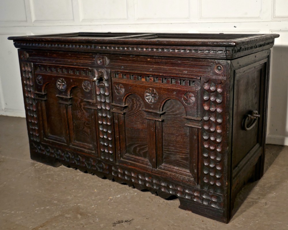 Large 18th Century Carved Oak Cassone, Marriage Chest  View III