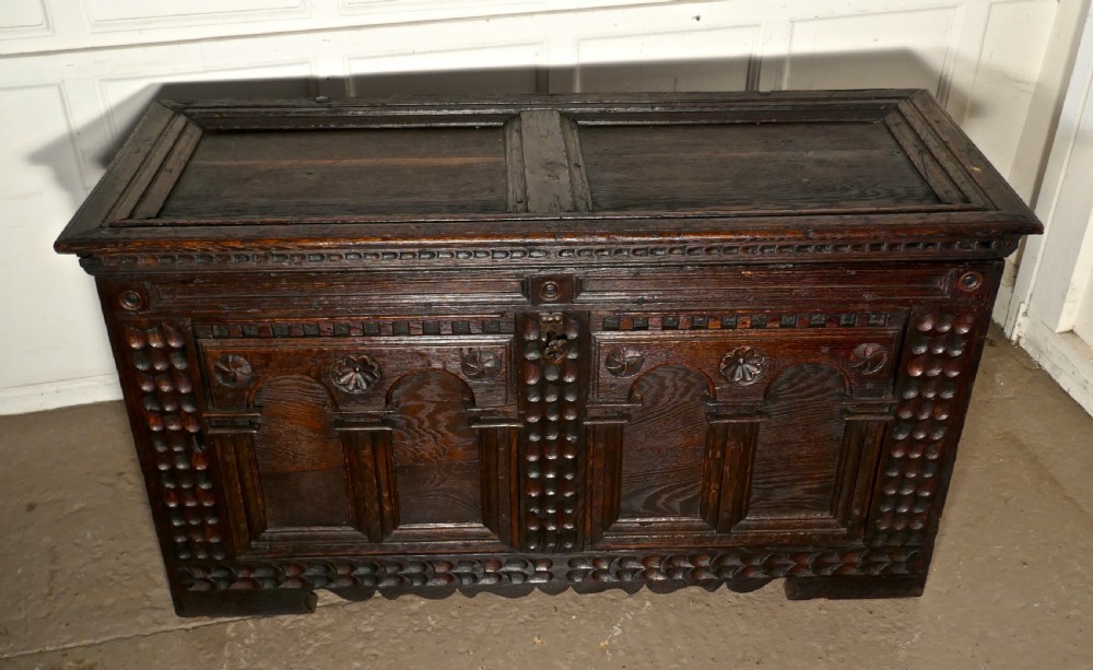 Large 18th Century Carved Oak Cassone, Marriage Chest  View II