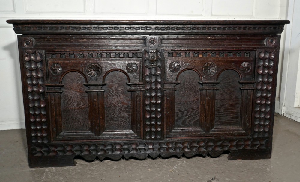 Large 18th Century Carved Oak Cassone, Marriage Chest 